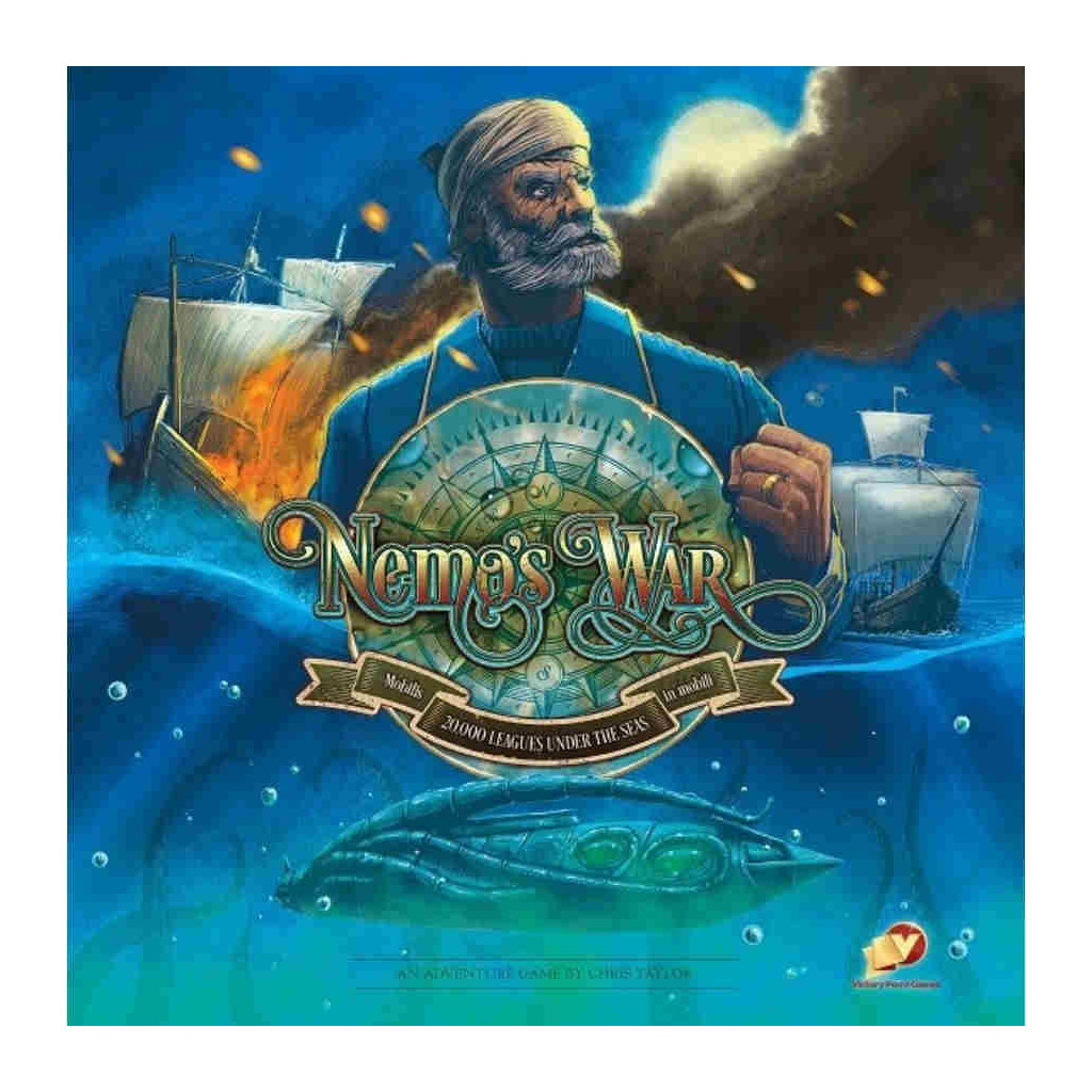 Boîte du jeu Nemo’s War (2ᵉ édition), jeu de société solo d’aventure et de gestion inspiré de Jules Verne
