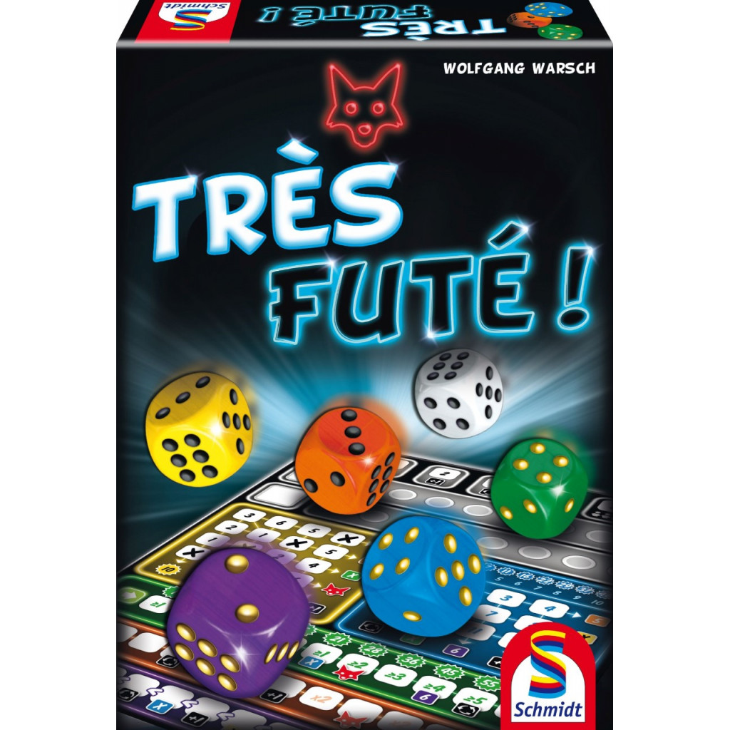 Boîte du jeu de société Très Futé avec dés colorés et plateau de score