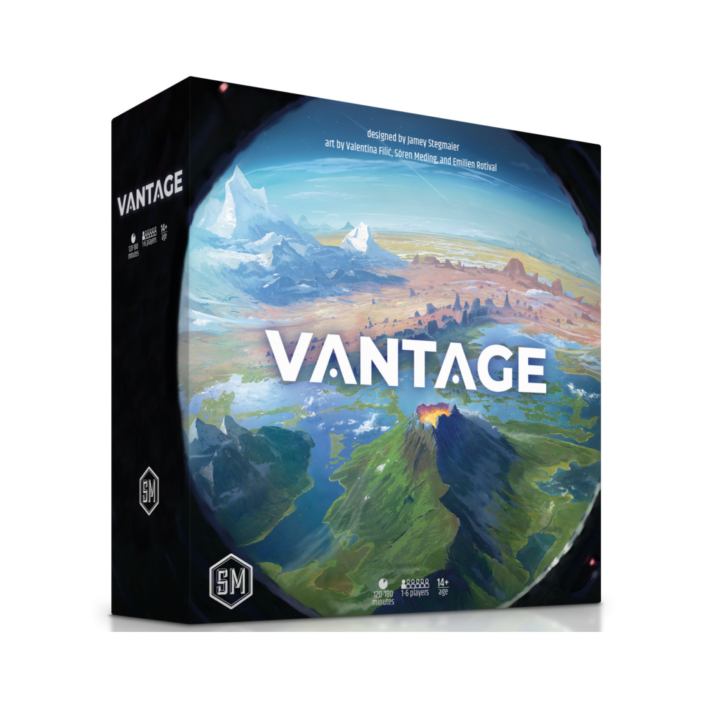 Boîte du jeu Vantage, jeu de société solo et coopératif d’exploration et de survie en monde ouvert