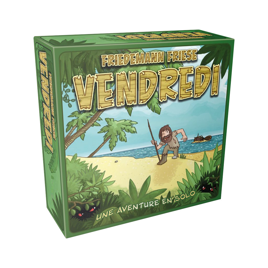 Boîte du jeu Vendredi, jeu de société solo de survie et de gestion de deck conçu par Friedemann Friese