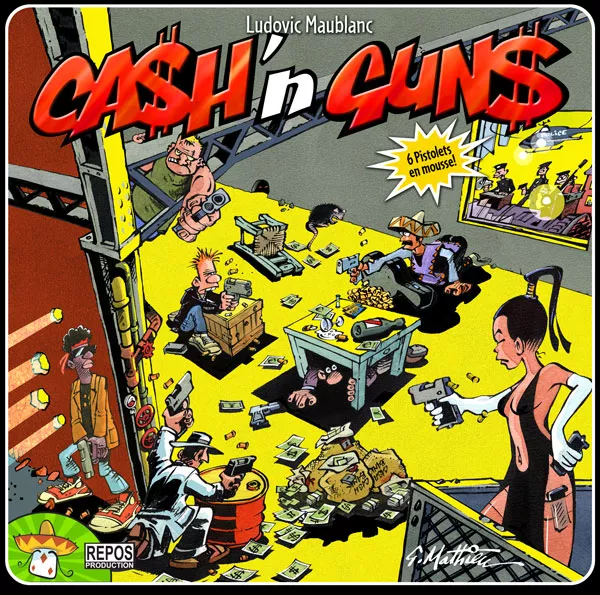 Boîte du jeu de société Cash’n Guns, jeu d’ambiance de bluff et d’intimidation