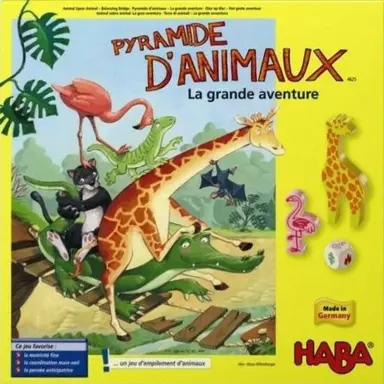 Boîte du jeu Pyramide d’Animaux La grande aventure de HABA avec des animaux empilés en équilibre sur un crocodile