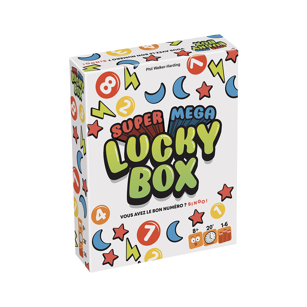Boîte du jeu Super Mega Lucky Box, jeu d’ambiance familial basé sur le hasard et les numéros
