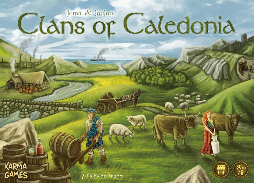 Boîte du jeu de société Clans of Caledonia, jeu de stratégie expert basé sur la gestion de ressources, le développement économique et l’asymétrie des clans