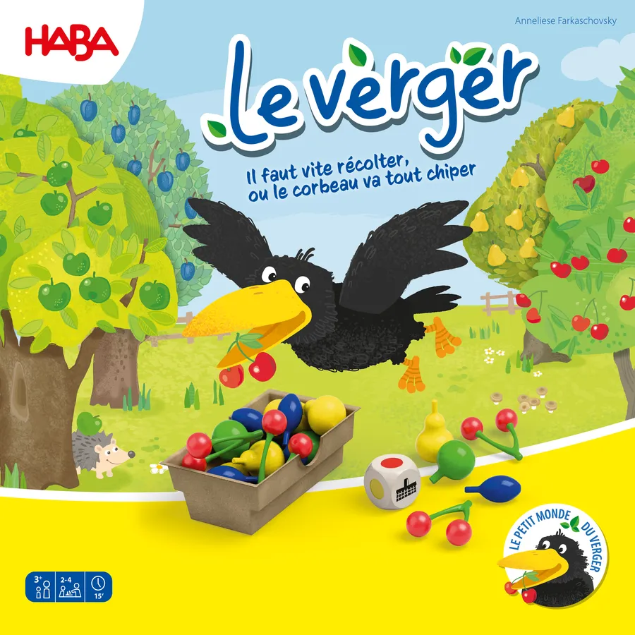 Jeu de société coopératif Le Verger de HABA avec fruits en bois et corbeau