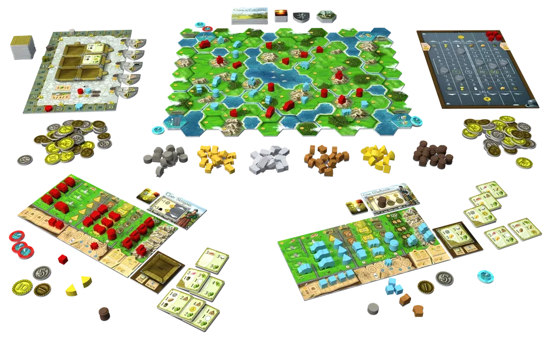 Plateau de jeu de Clans of Caledonia avec tuiles hexagonales, ressources, plateaux joueurs et matériel de gestion économique