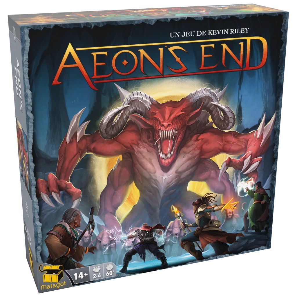 Boîte du jeu de société Aeon’s End, jeu coopératif de deck-building sans mélange de cartes avec combats tactiques contre un ennemi commun