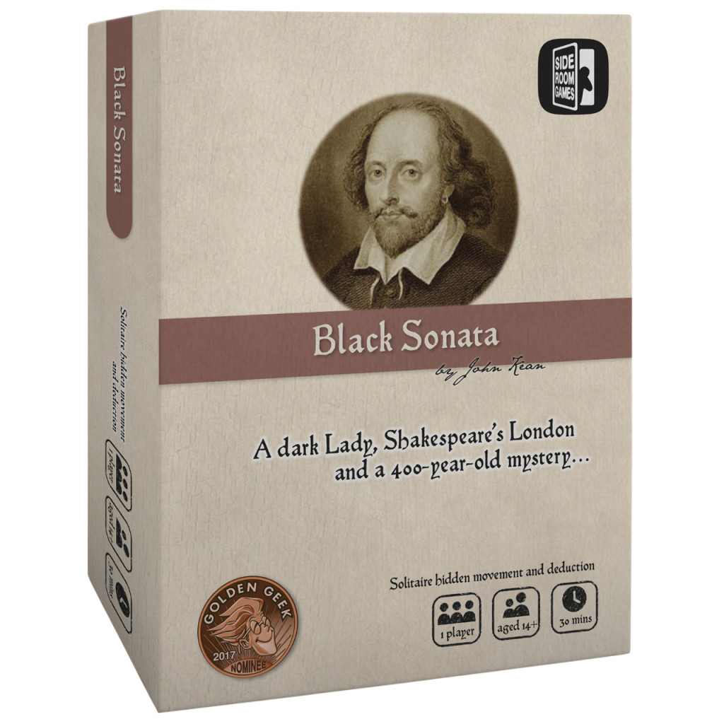 Boîte du jeu Black Sonata, jeu de société solo de déduction et de logique dans le Londres de Shakespeare