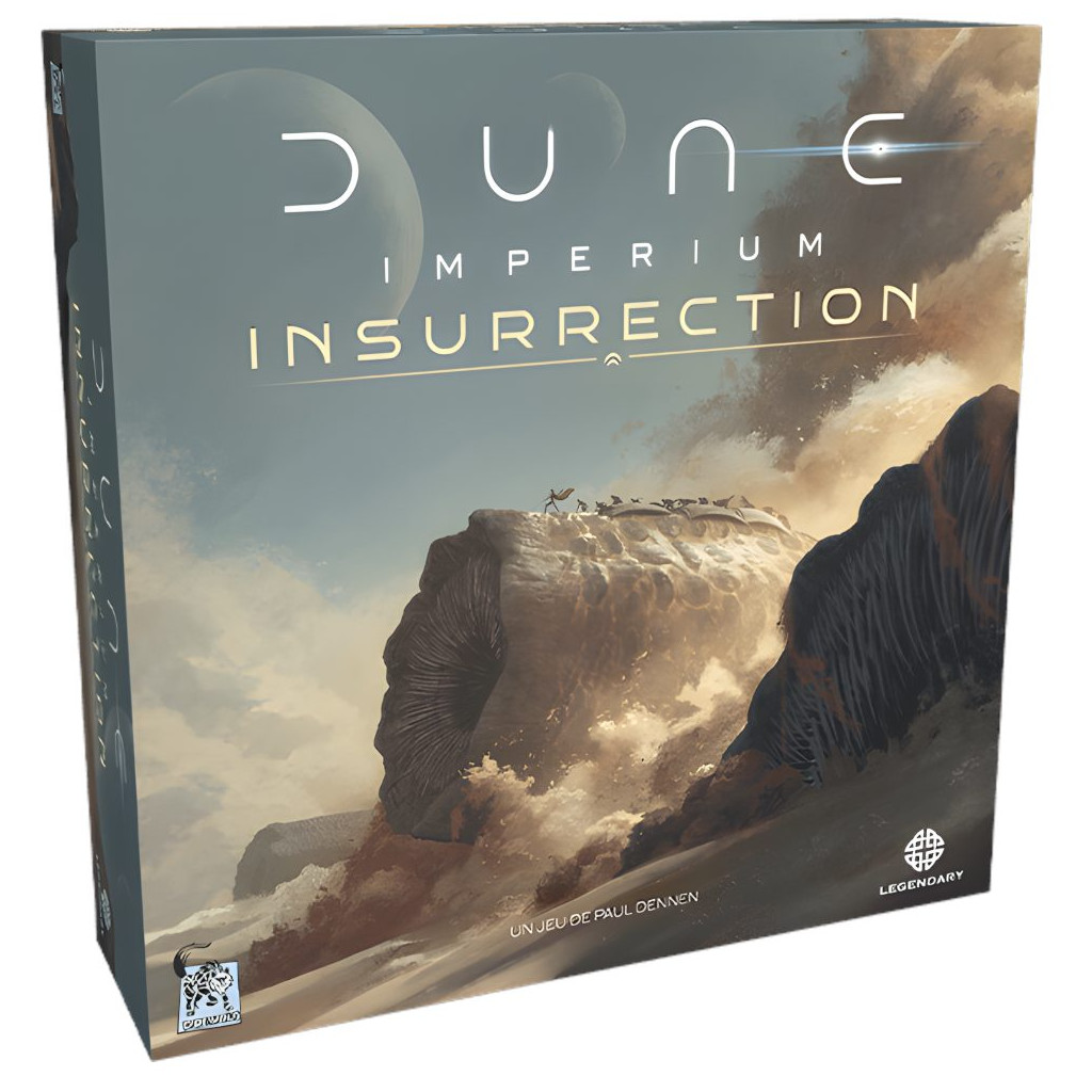 Boîte du jeu Dune Imperium Insurrection, jeu de stratégie expert mêlant deck-building et contrôle de territoire