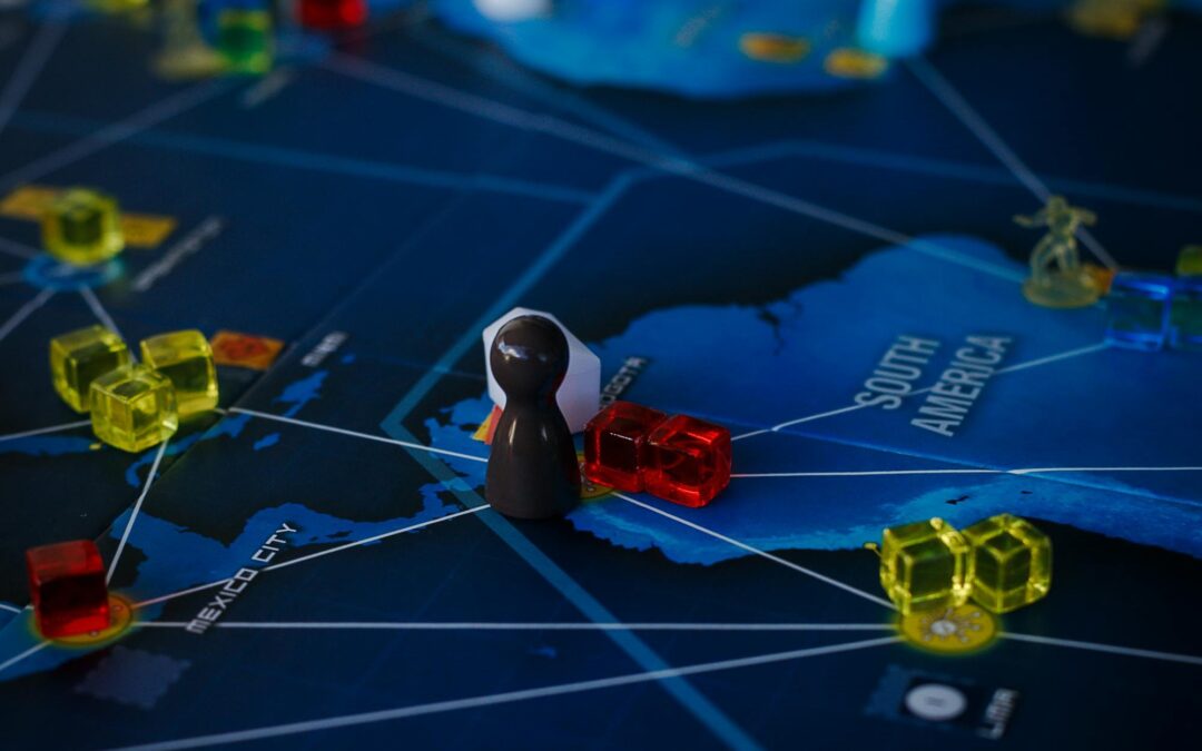 Plateau de jeu coopératif avec pions et cubes de propagation de maladies, inspiré du jeu Pandemic