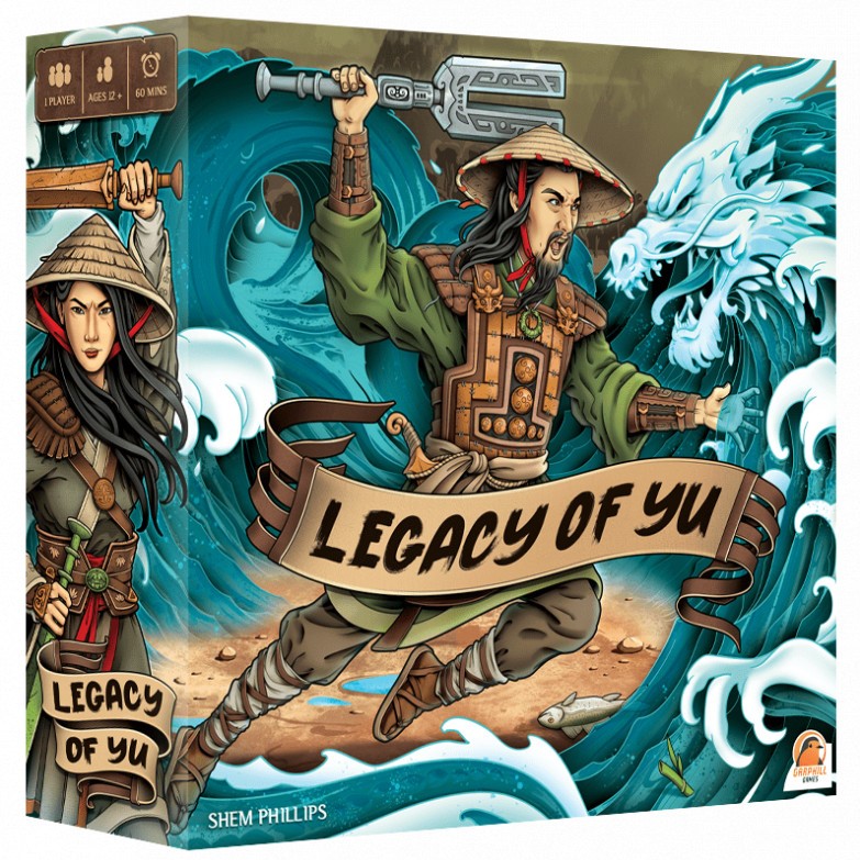Boîte du jeu Legacy of Yu, jeu de société solo de gestion et construction inspiré de la mythologie chinoise