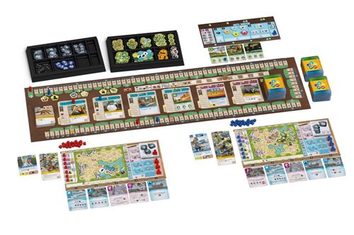 Plateau d’Ark Nova avec cartes, enclos et pistes de score