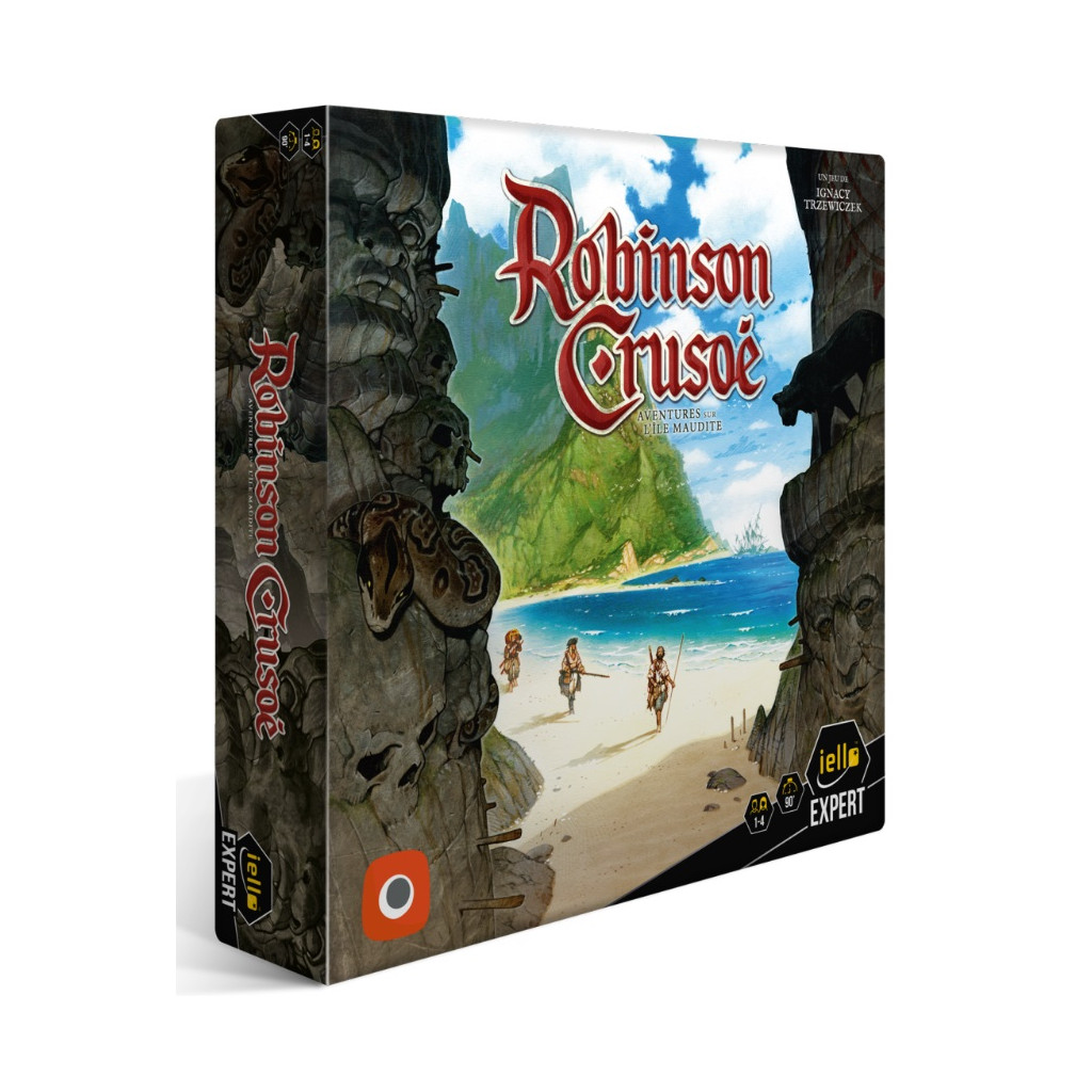 Boîte du jeu Robinson Crusoé : Aventures sur l’Île Maudite, jeu coopératif de survie expert