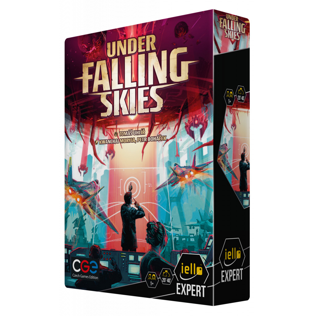 Boîte du jeu Under Falling Skies, jeu de société solo expert de défense contre une invasion extraterrestre