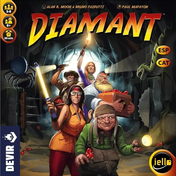 Boîte du jeu Diamant d’Alan R. Moon et Bruno Faidutti, jeu de stop ou encore dans un temple rempli de trésors