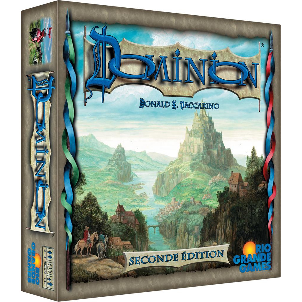 Boîte du jeu Dominion Seconde Édition de Donald X. Vaccarino, référence fondatrice de la mécanique de deckbuilding