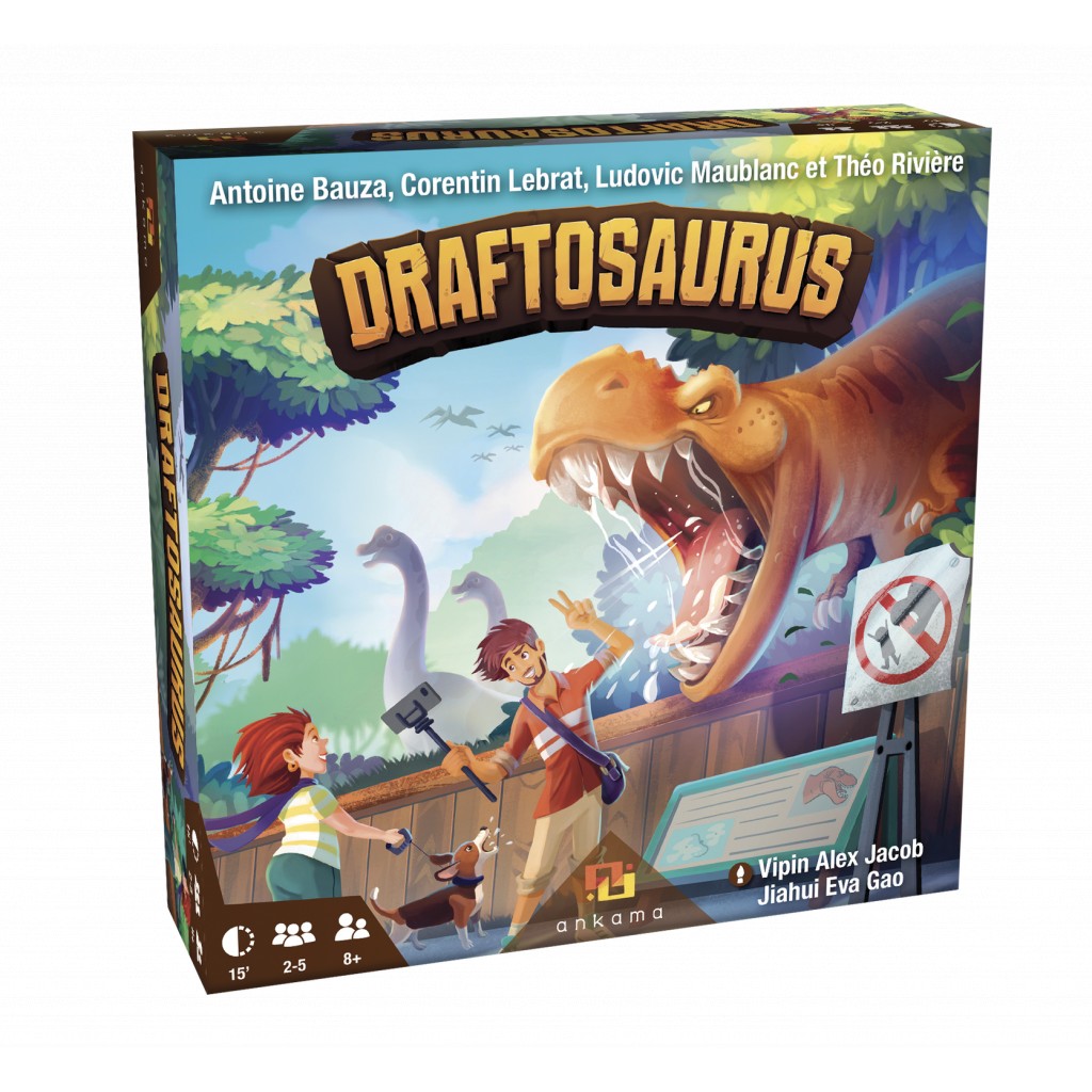 Boîte du jeu de société de draft familial Draftosaurus, placement de dinosaures rapide et accessible dès 8 ans