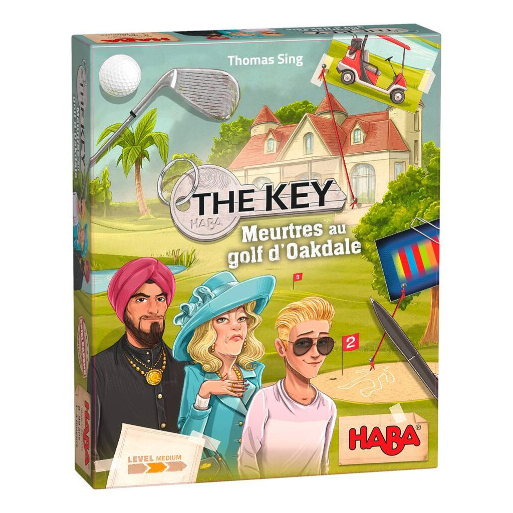 Boîte du jeu The Key Meurtres au golf d’Oakdale de HABA, jeu d’enquête et de déduction avec résolution d’indices