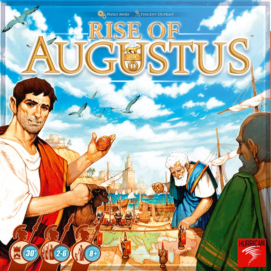Boîte du jeu Augustus, jeu de loto stratégique où les joueurs complètent des objectifs grâce à un tirage de jetons