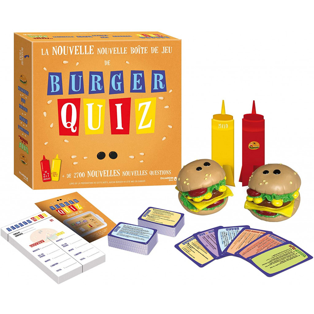 Boîte et matériel du jeu Burger Quiz, jeu de culture générale humoristique et convivial