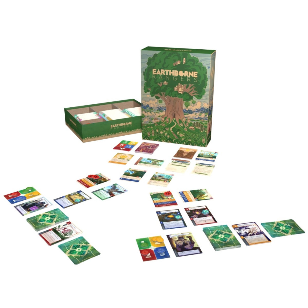 Contenu du jeu de société Earthborne Rangers avec cartes et boîte