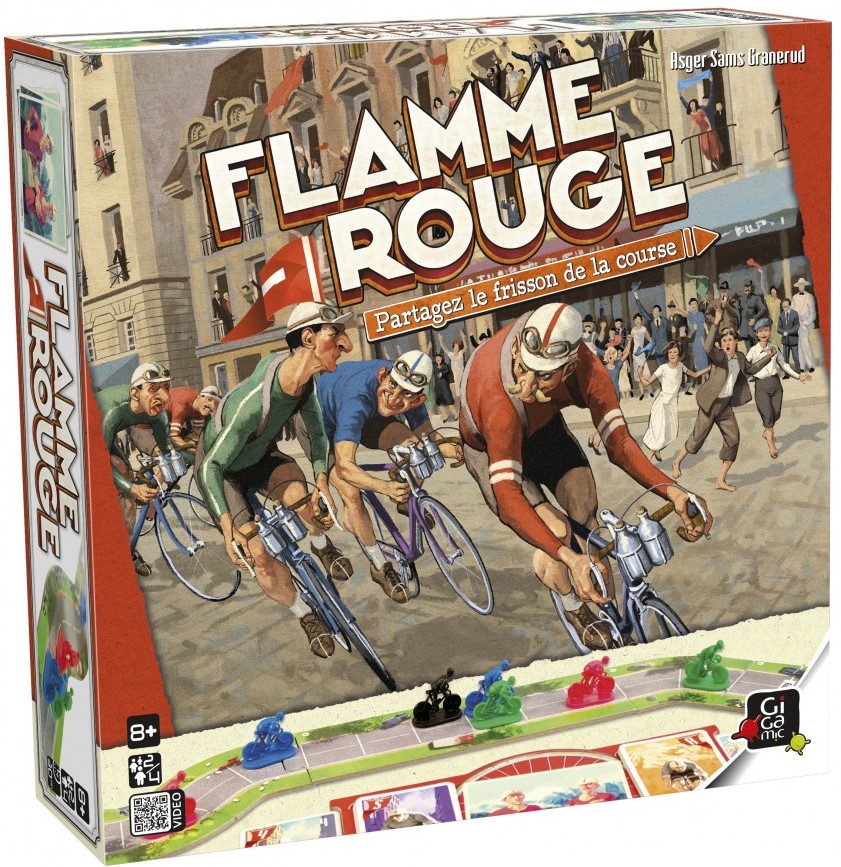 Boîte du jeu Flamme Rouge, jeu de course cycliste basé sur la gestion d’effort et la tactique de peloton