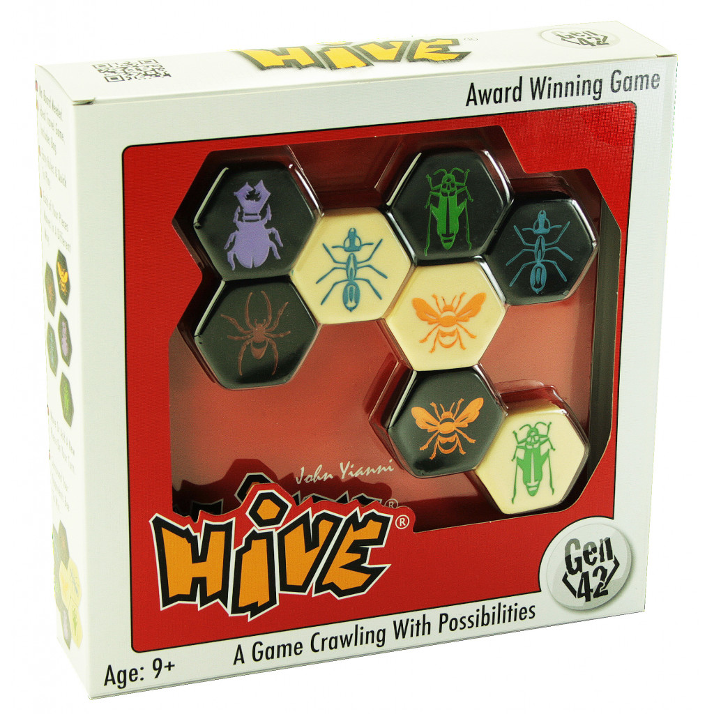 Boîte du jeu Hive avec tuiles hexagonales représentant des insectes