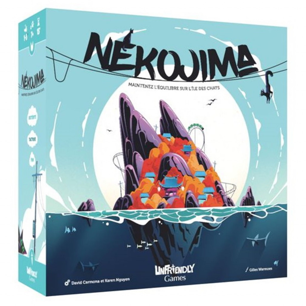 Boîte du jeu Nekojima, jeu d’adresse où les joueurs doivent placer des poteaux et des fils électriques sans faire tomber la structure