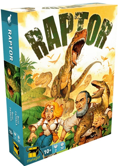 Boîte du jeu Raptor de Bruno Cathala et Bruno Faidutti, jeu de duel tactique opposant scientifiques et dinosaures