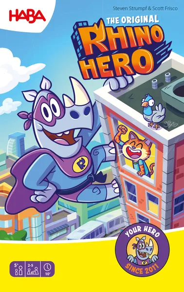 Boîte du jeu Rhino Hero, jeu d’adresse où les joueurs construisent une tour avec des cartes sans la faire tomber
