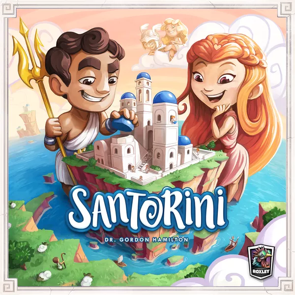 Boîte du jeu Santorini avec construction de temples sur une île grecque