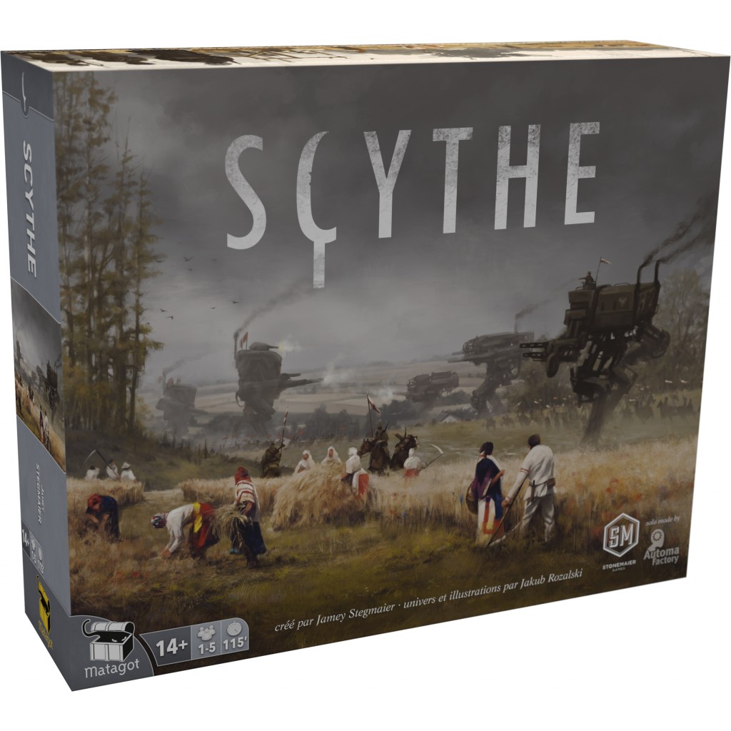 Boîte du jeu Scythe de Jamey Stegmaier, jeu stratégique mêlant contrôle de territoire et développement économique