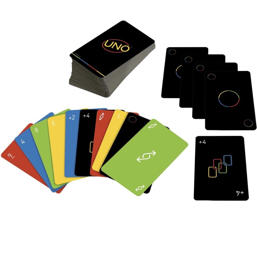 Cartes du jeu UNO édition minimaliste avec design noir et couleurs épurées
