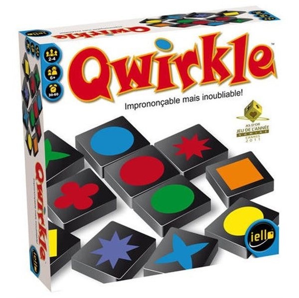 Boîte du jeu Qwirkle avec tuiles colorées, jeu de placement inspiré du domino
